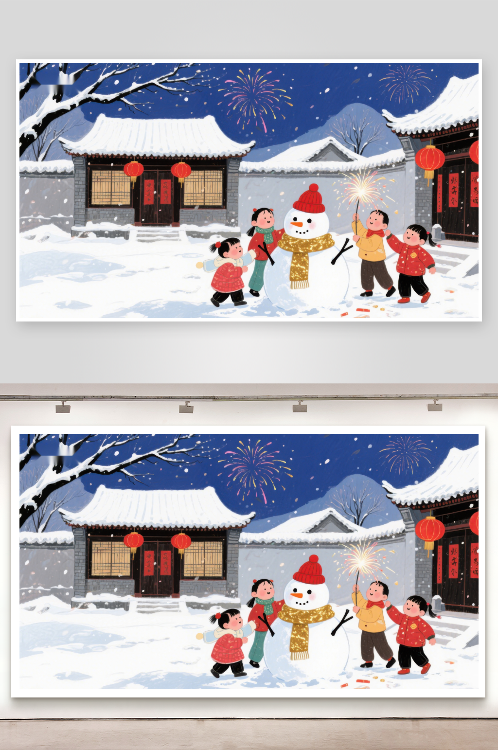 冬日雪景中孩子们堆雪人放烟花素材
