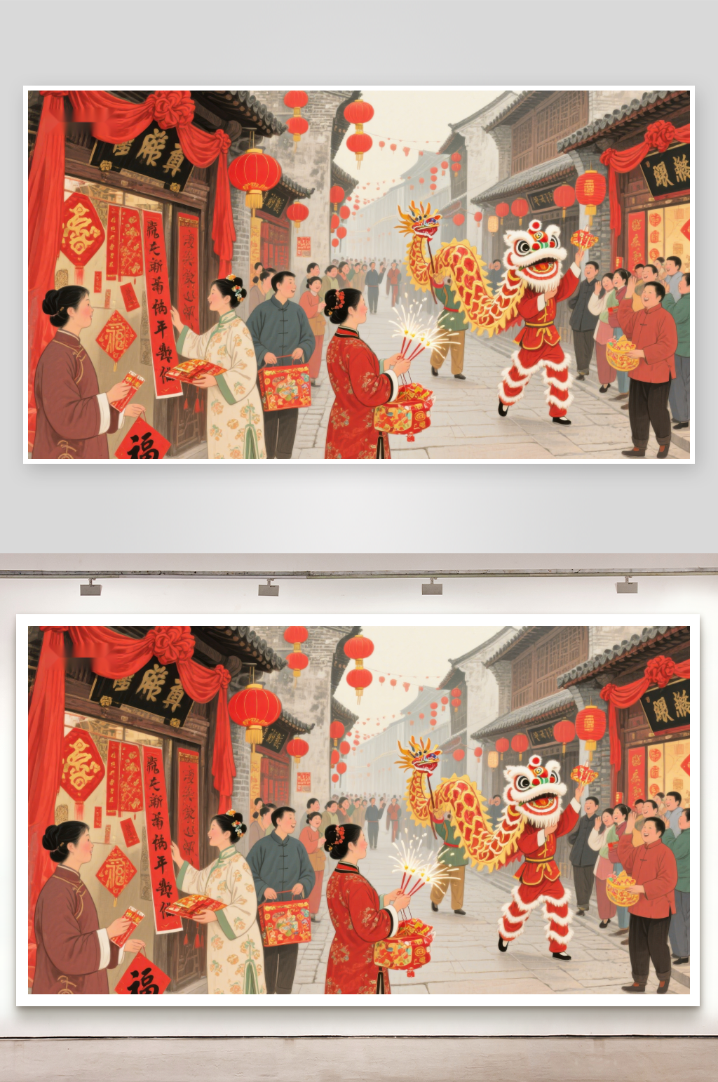 春节街头舞龙舞狮庆祝场景素材