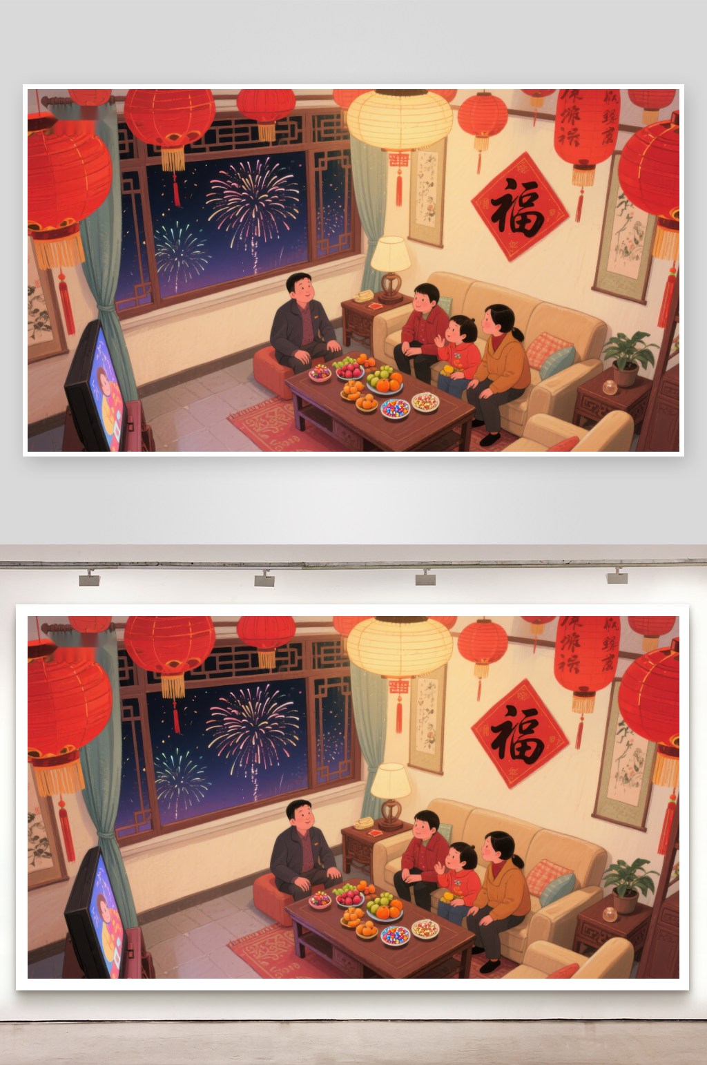 家庭欢聚观看烟花庆祝节日素材