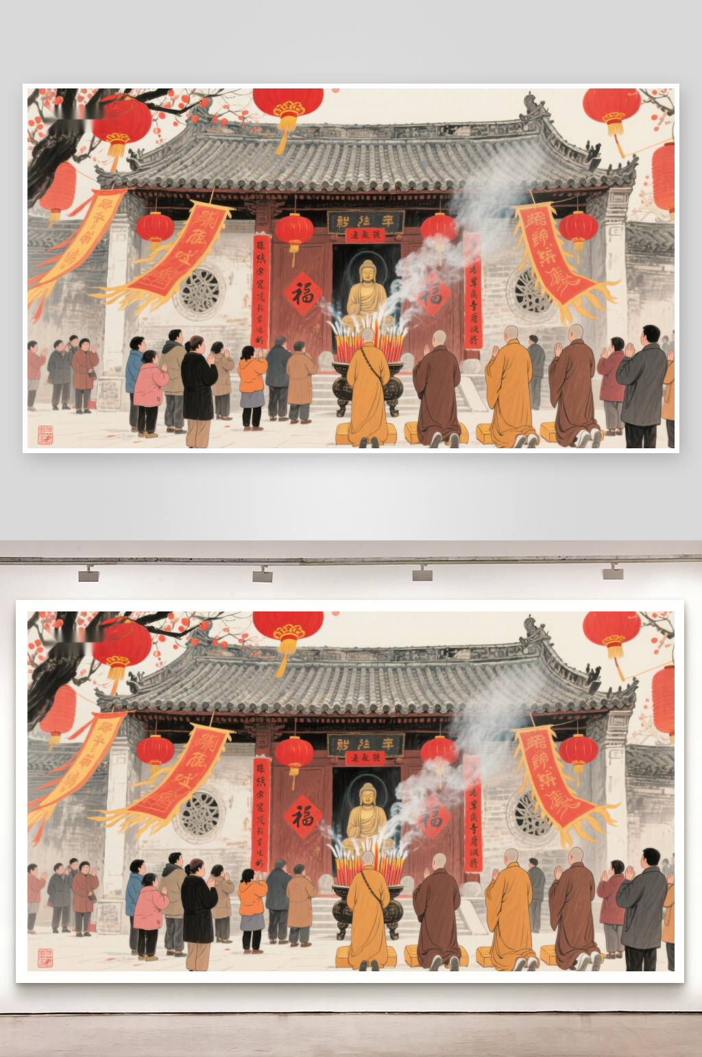 寺庙前众人虔诚祈福素材
