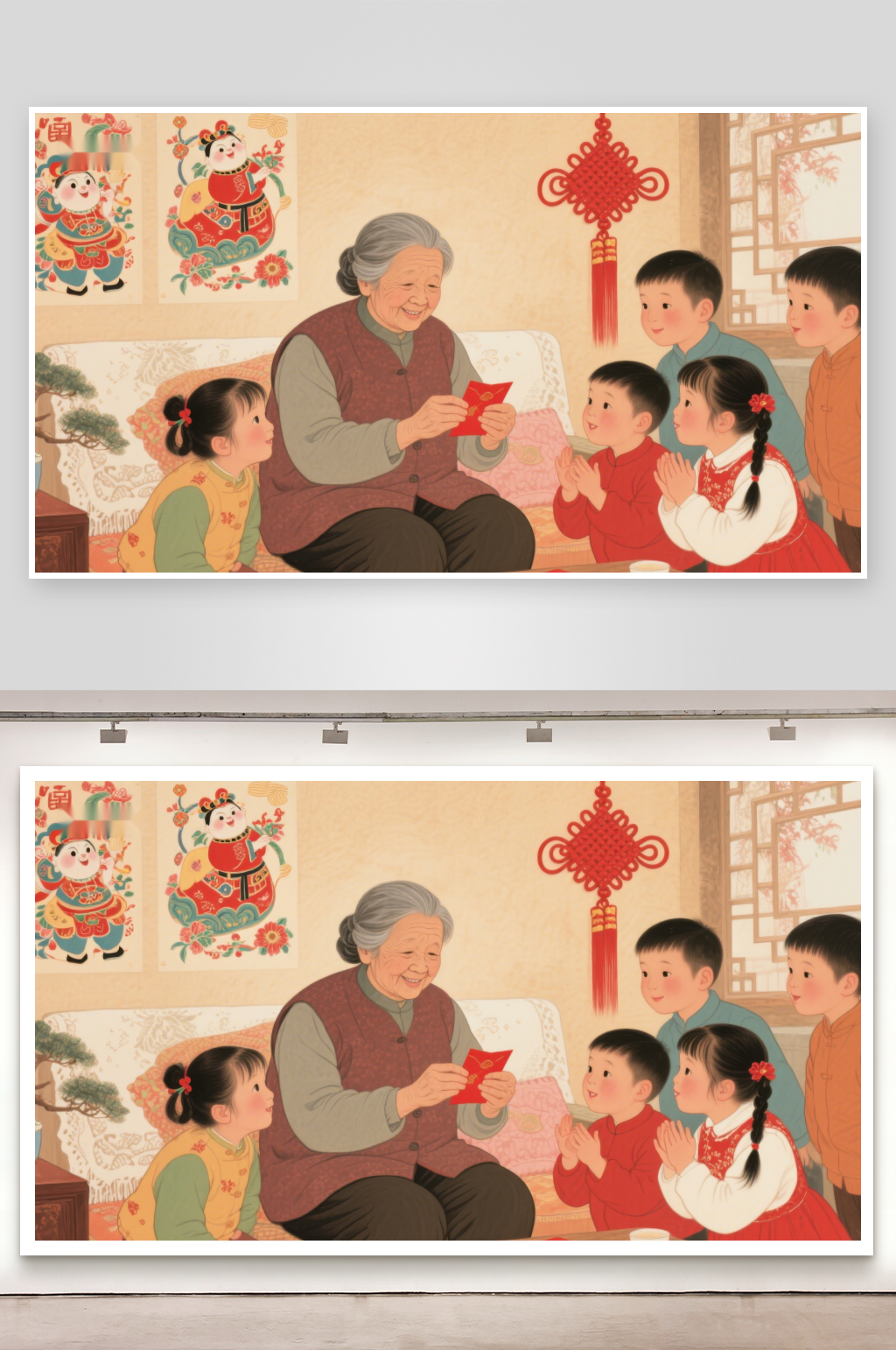 祖母分发红包孩子们喜笑颜开素材