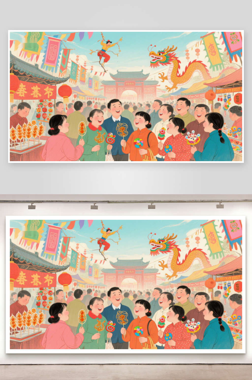 热闹春节集市舞龙表演欢庆素材
