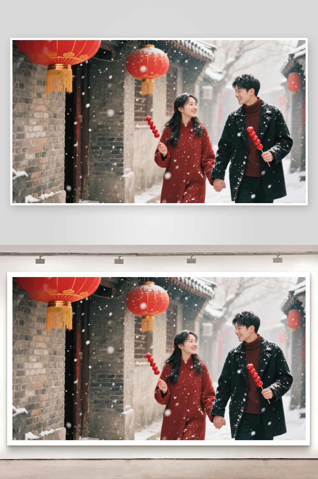 雪中古巷情侣共赏红灯素材