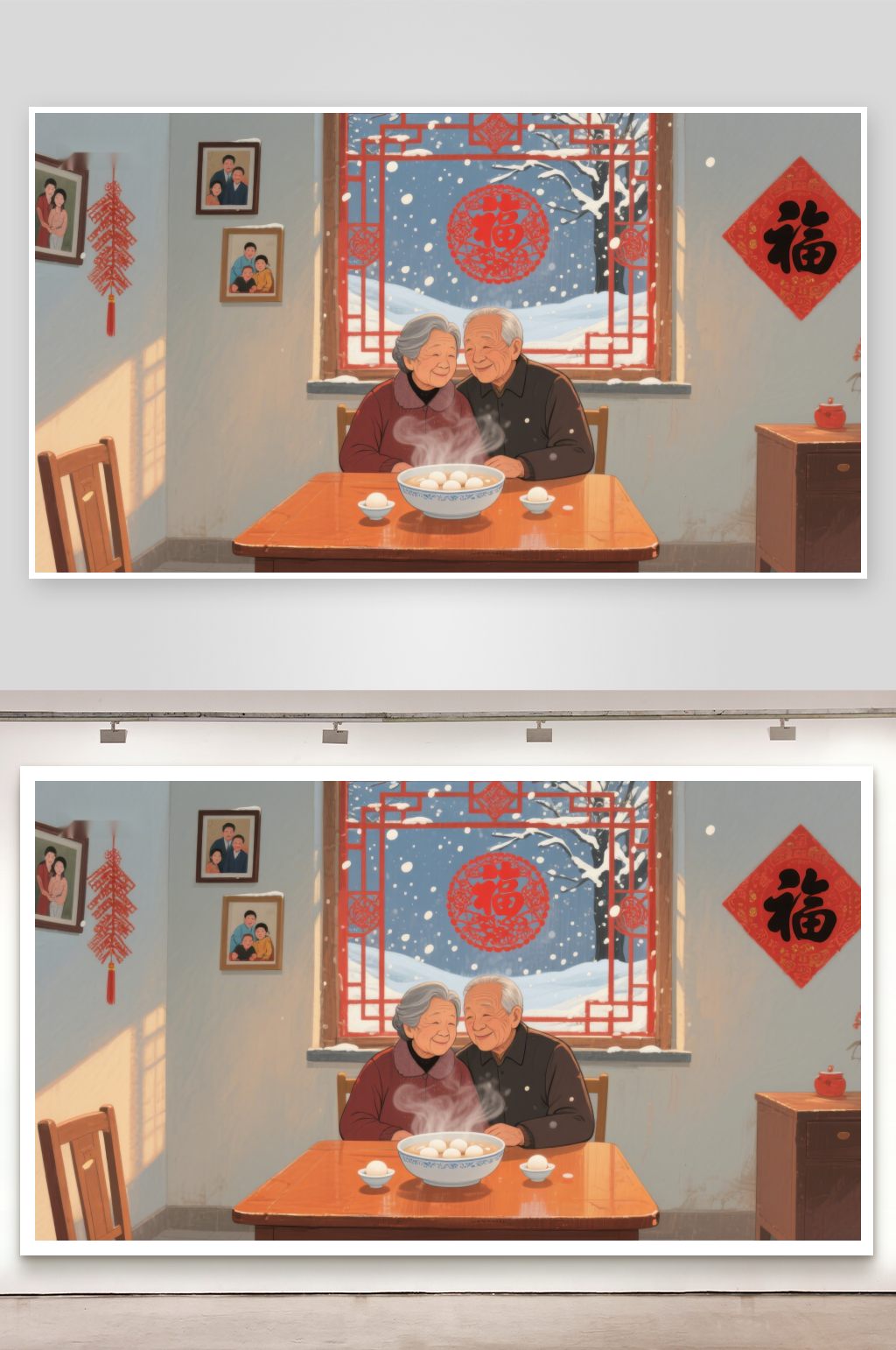 温馨冬日老夫妇共进热汤素材