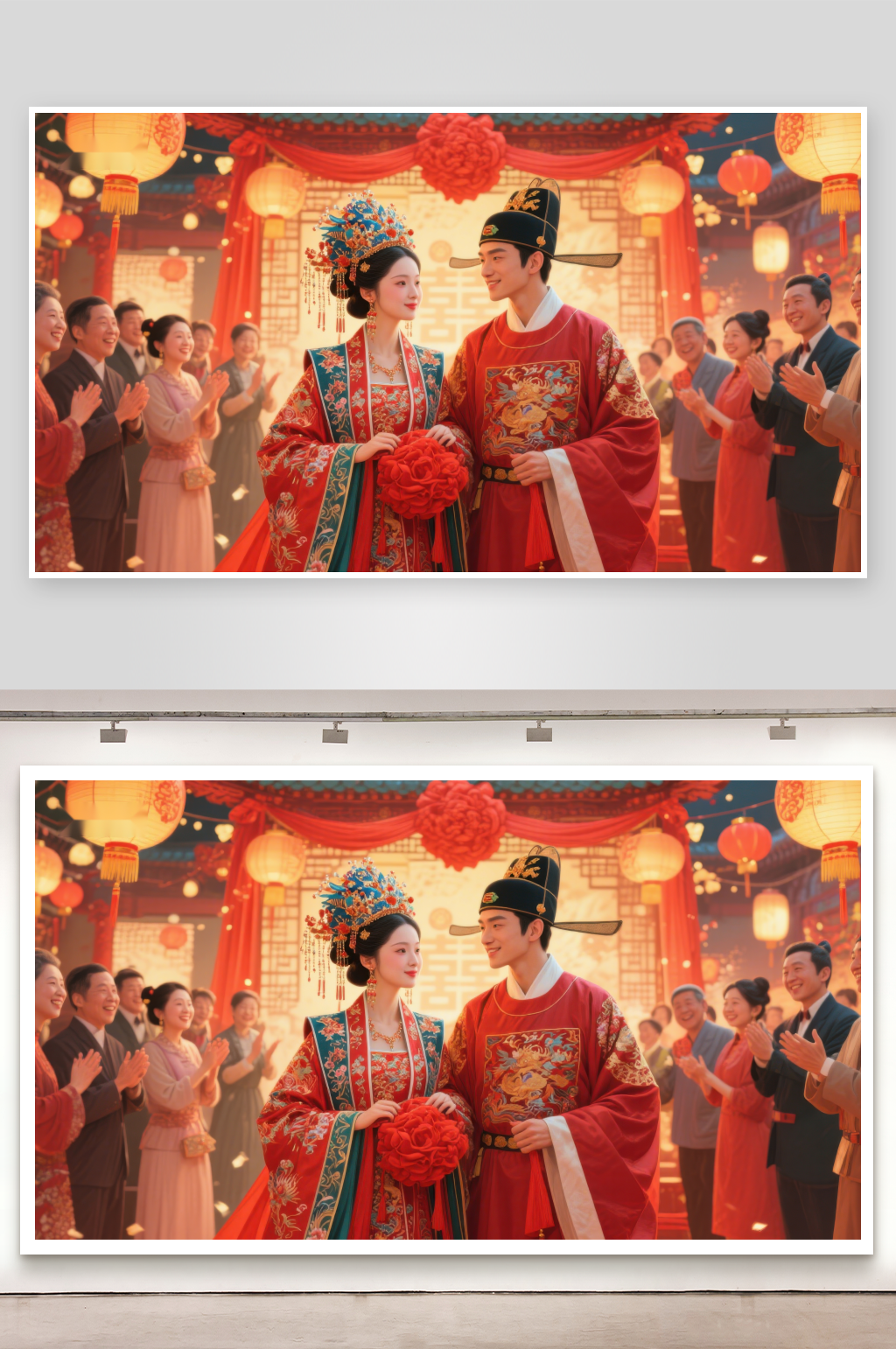 传统婚礼现场新人身着华丽服饰素材