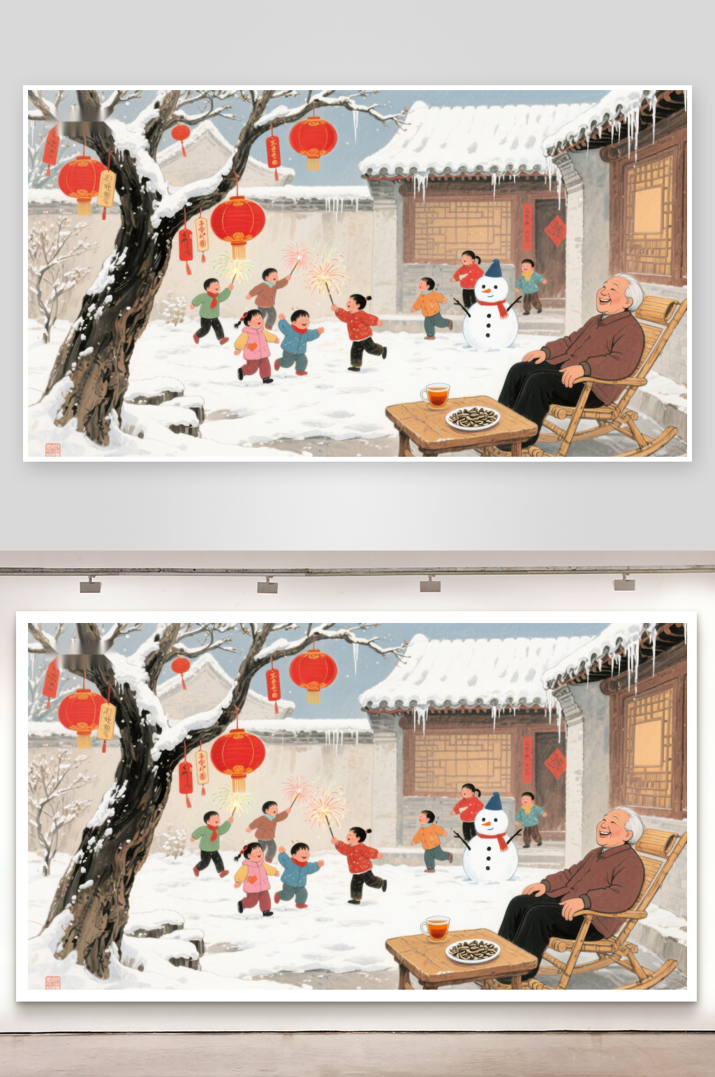 雪中欢庆春节老人静享时光素材