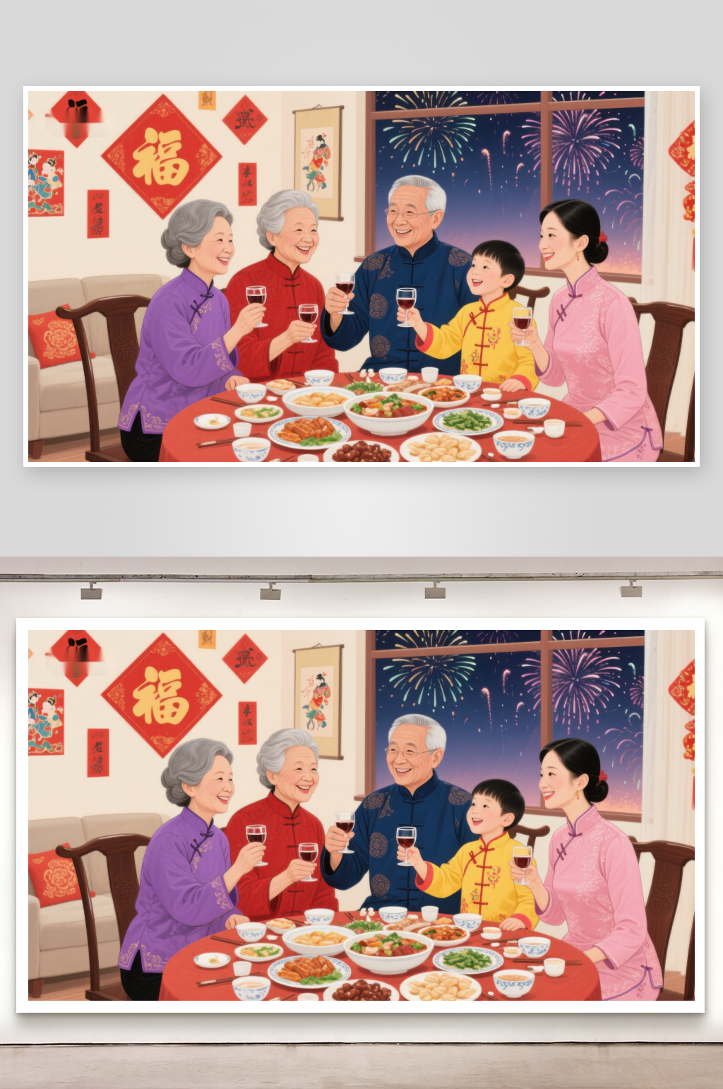 家庭共庆春节共享团圆饭素材