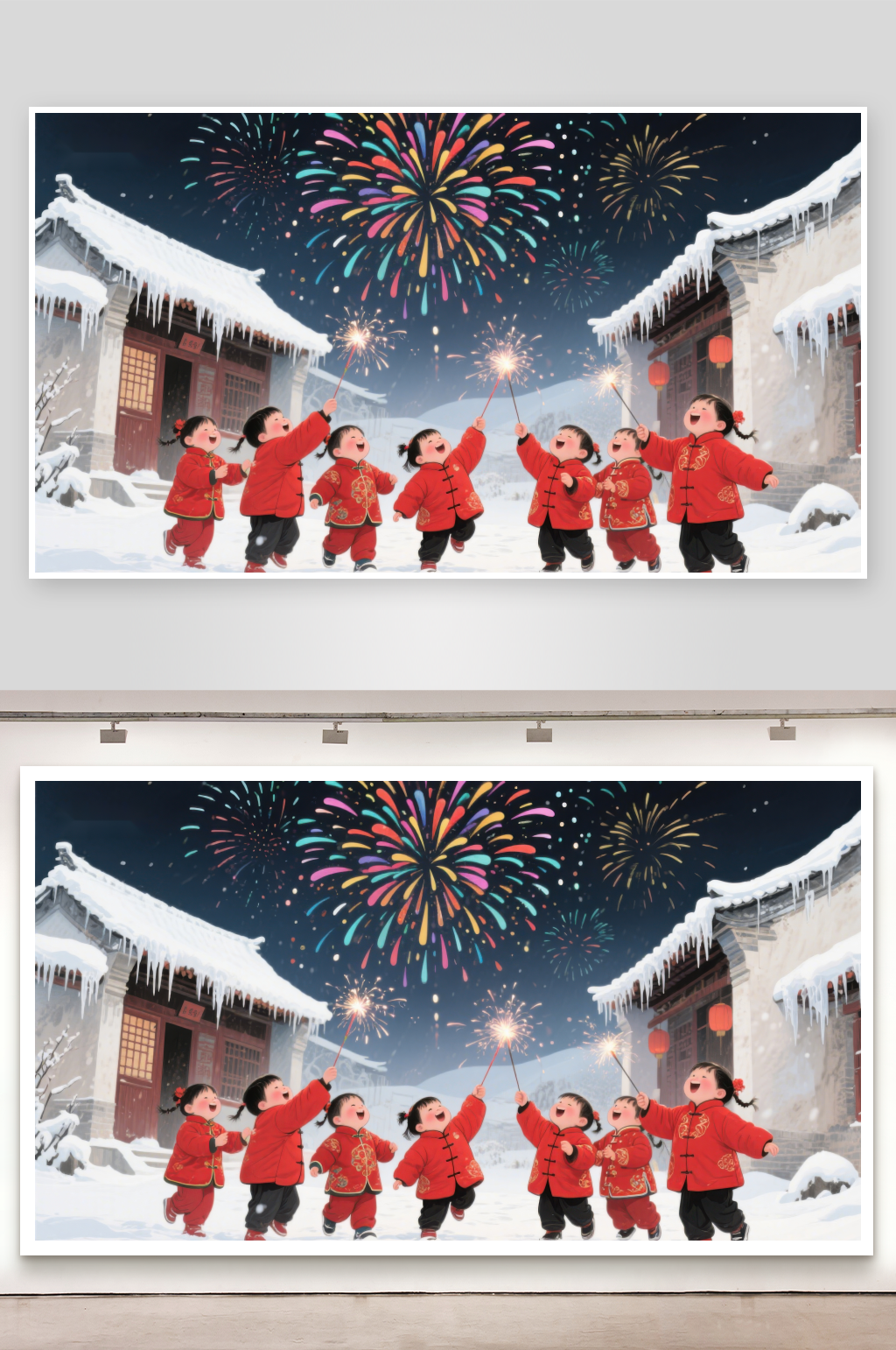 孩童雪中放烟花欢庆节日素材
