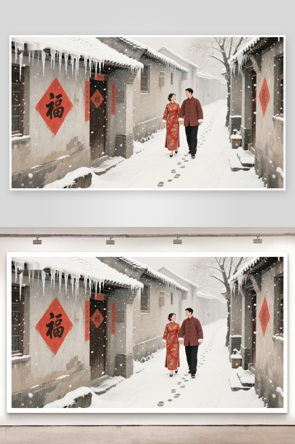 雪中古巷情侣漫步素材