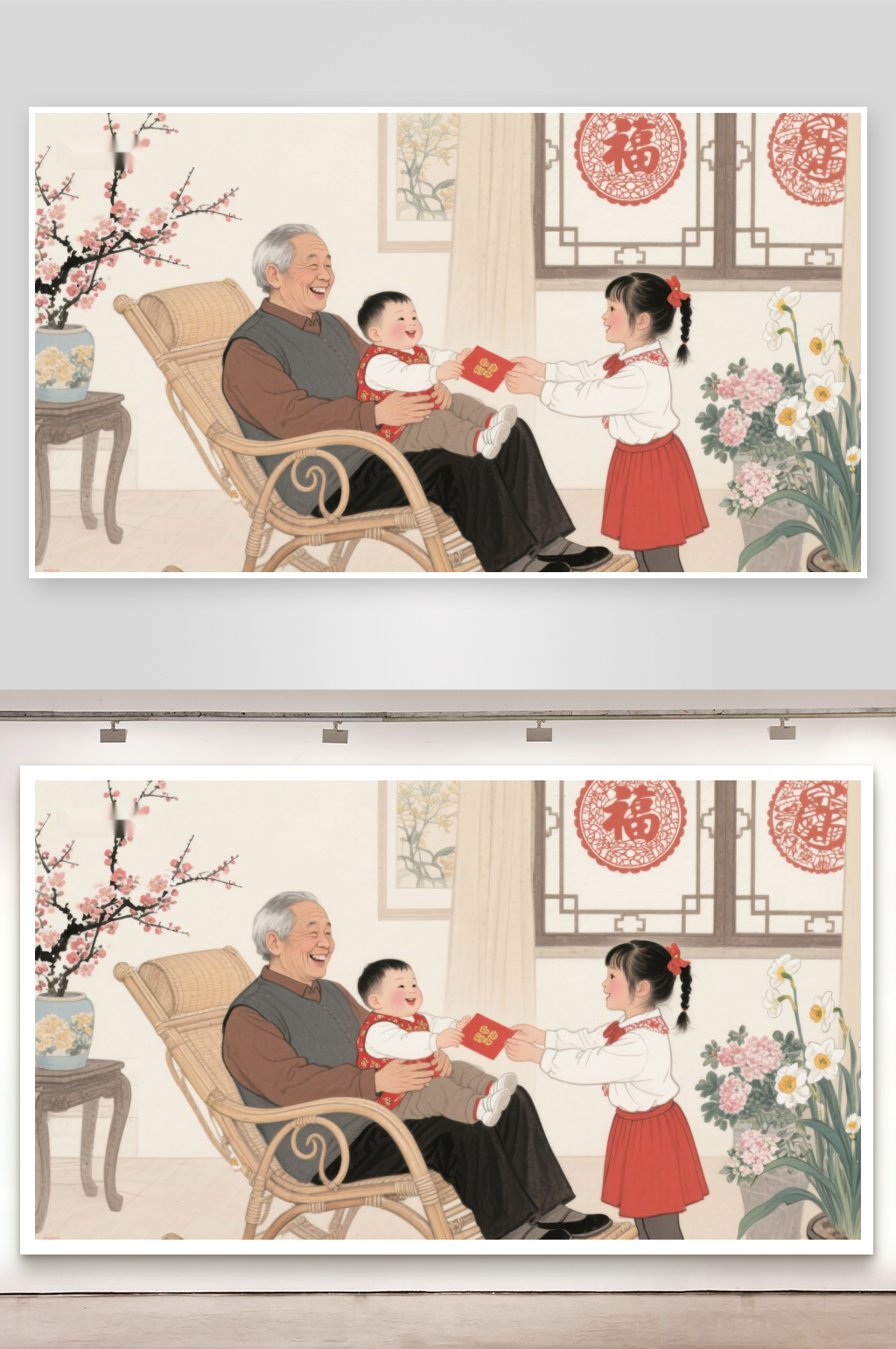 温馨家庭场景长辈与孩童共享红包时刻素材