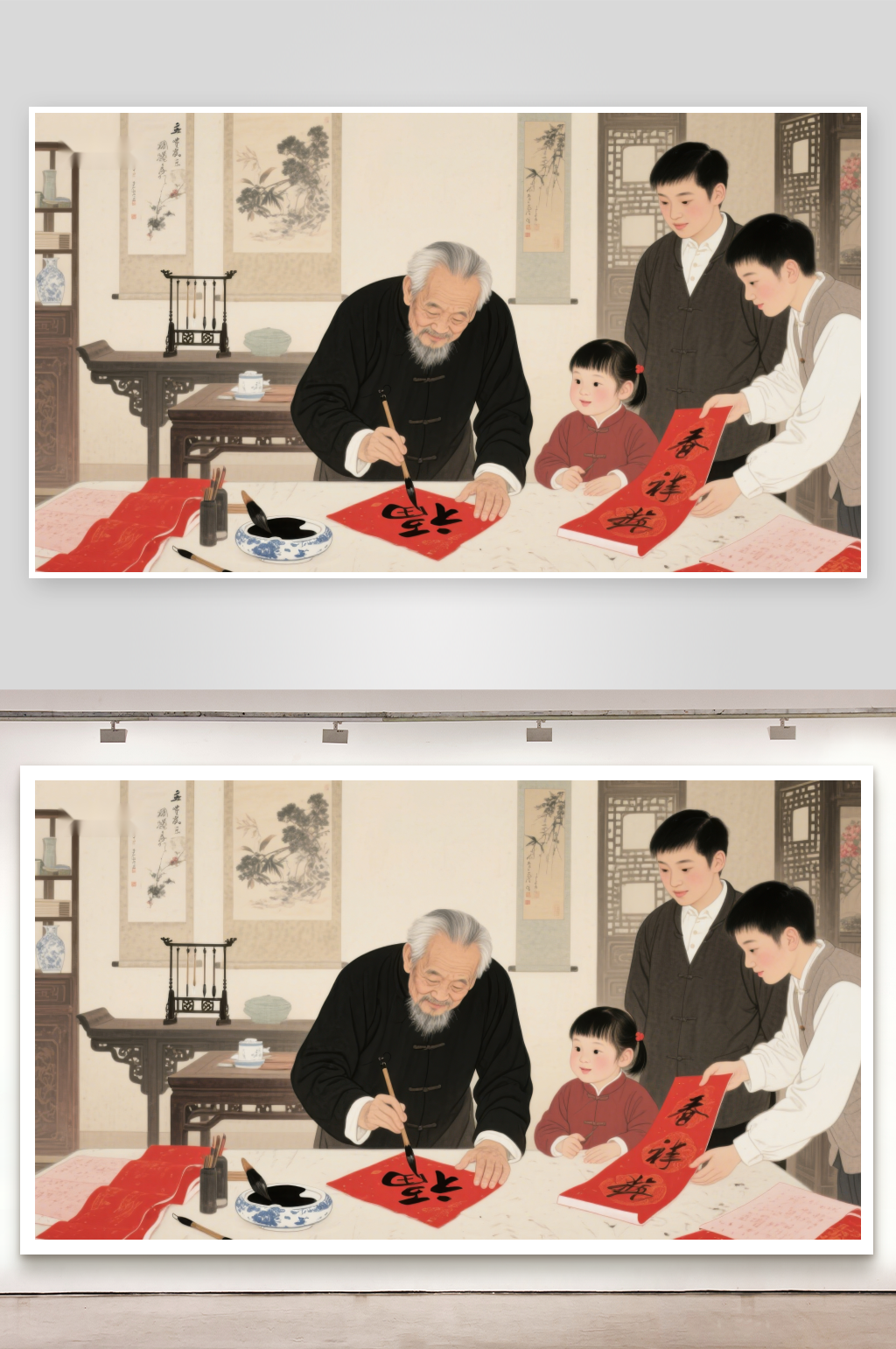 祖孙三代共写春联温馨家庭场景素材