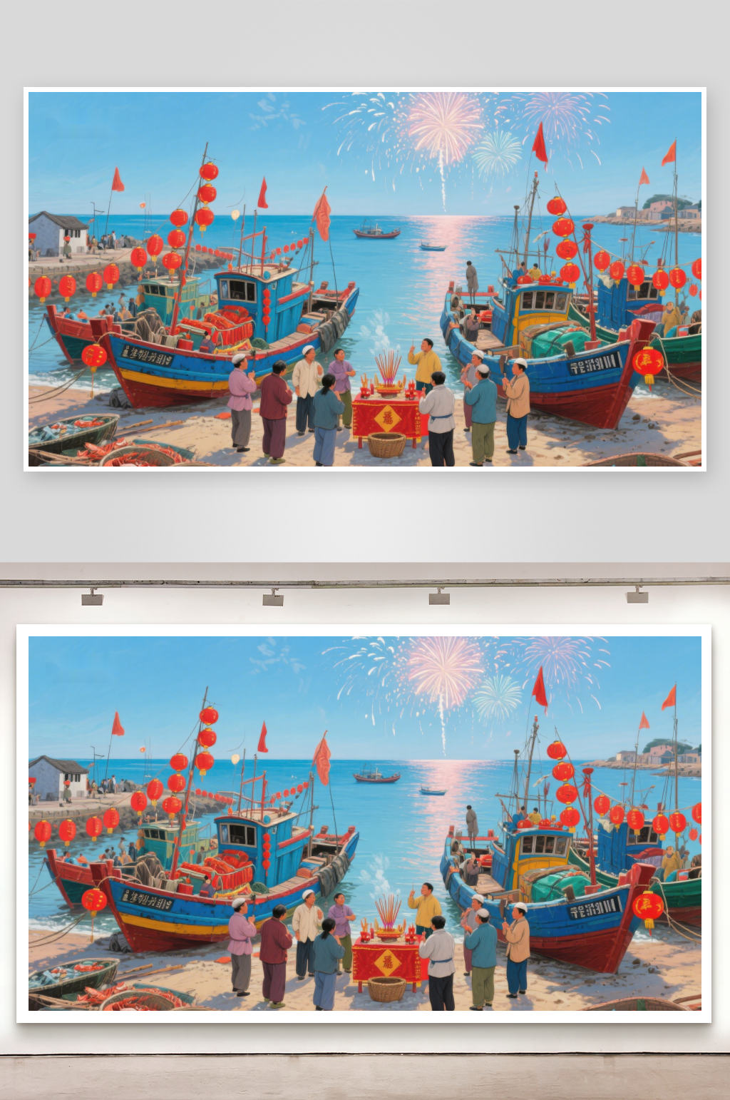 渔港庆节烟花绽放素材