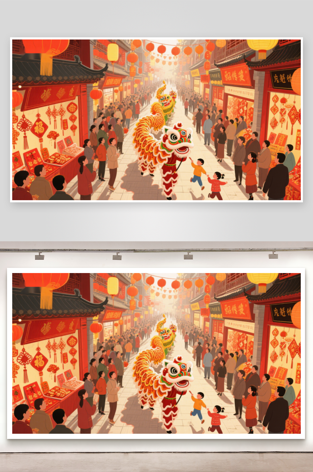 热闹街头舞狮迎新春素材