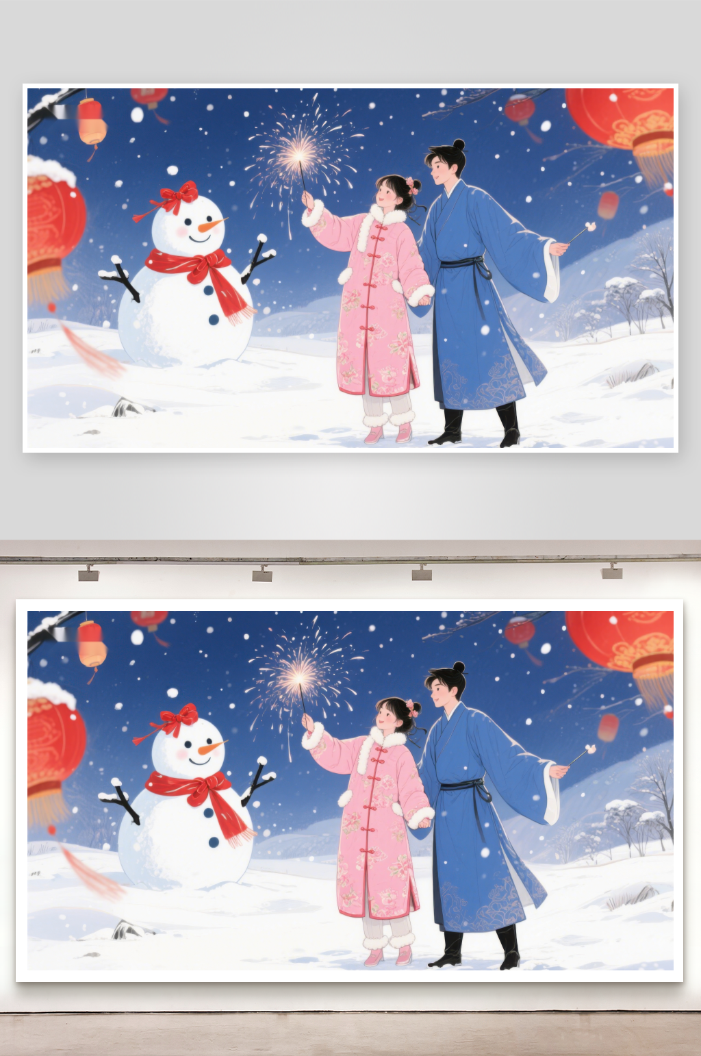 冬日雪景中欢庆的二人与雪人素材