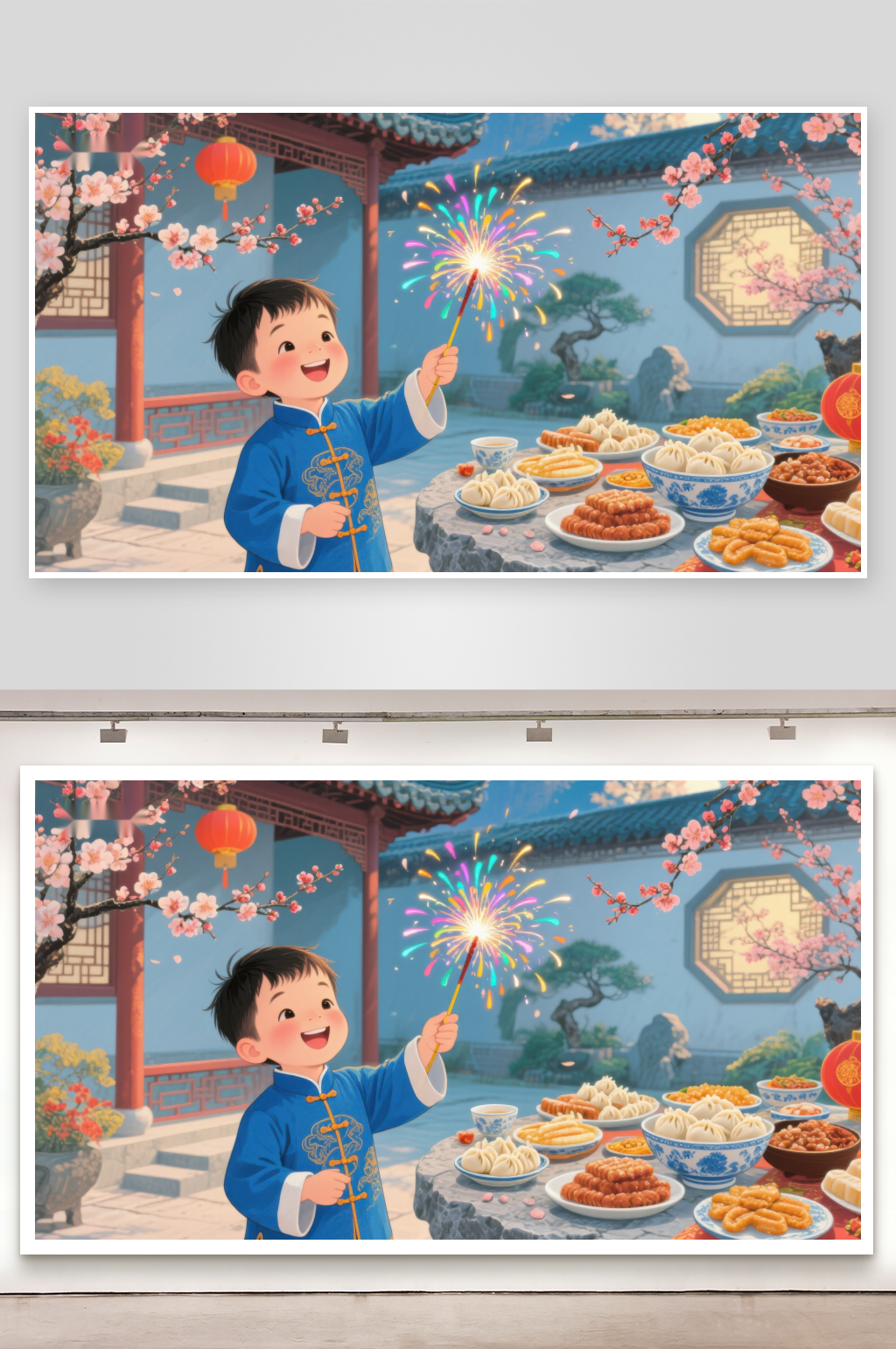 童趣春节手持烟花与美食相伴素材