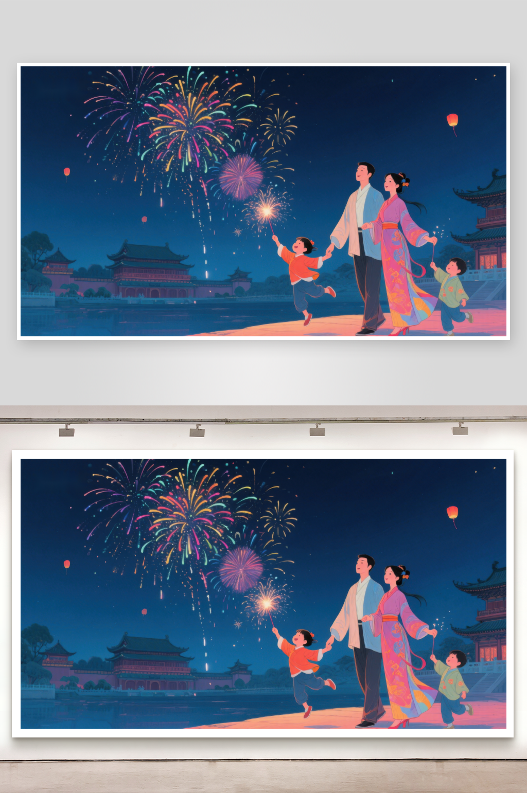 夜空烟花下的一家四口素材