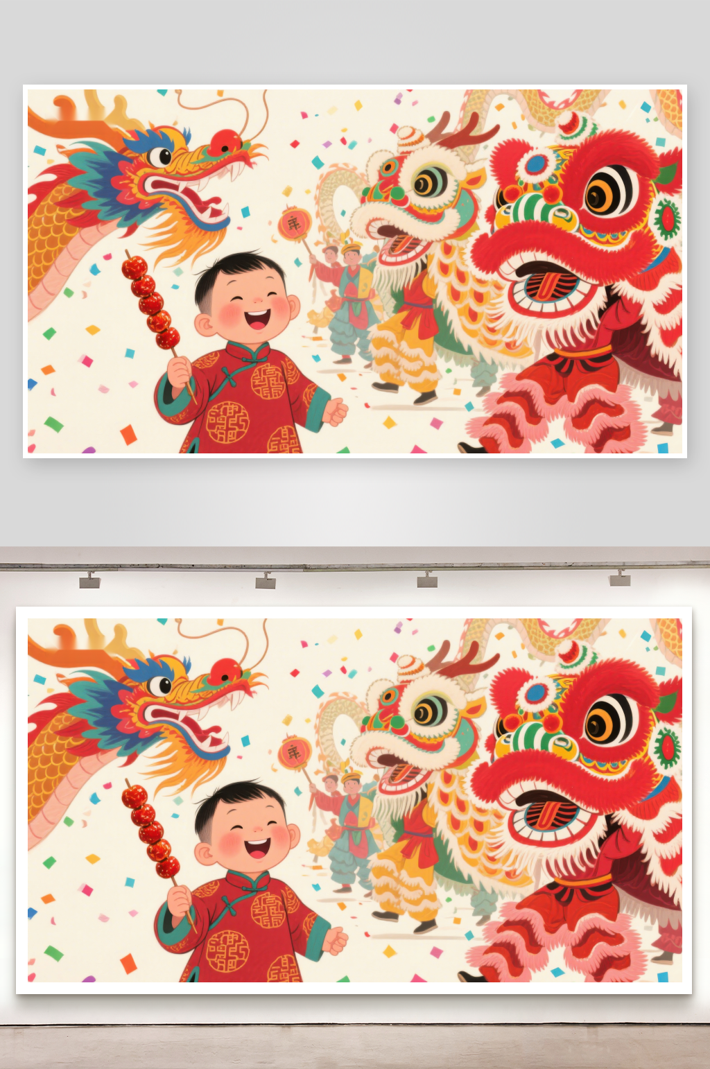 欢庆春节舞龙舞狮与孩童素材