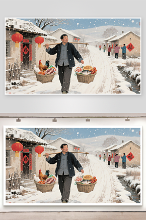 雪中挑担行乡村冬日景素材下载-众图网