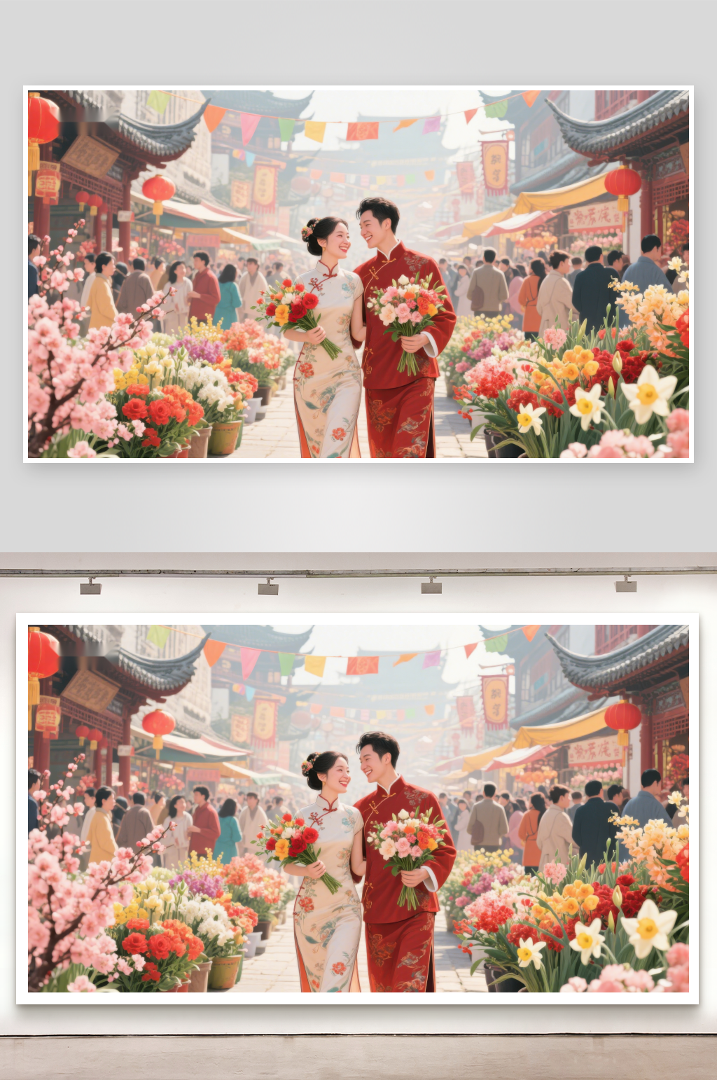 传统服饰情侣花市漫步素材