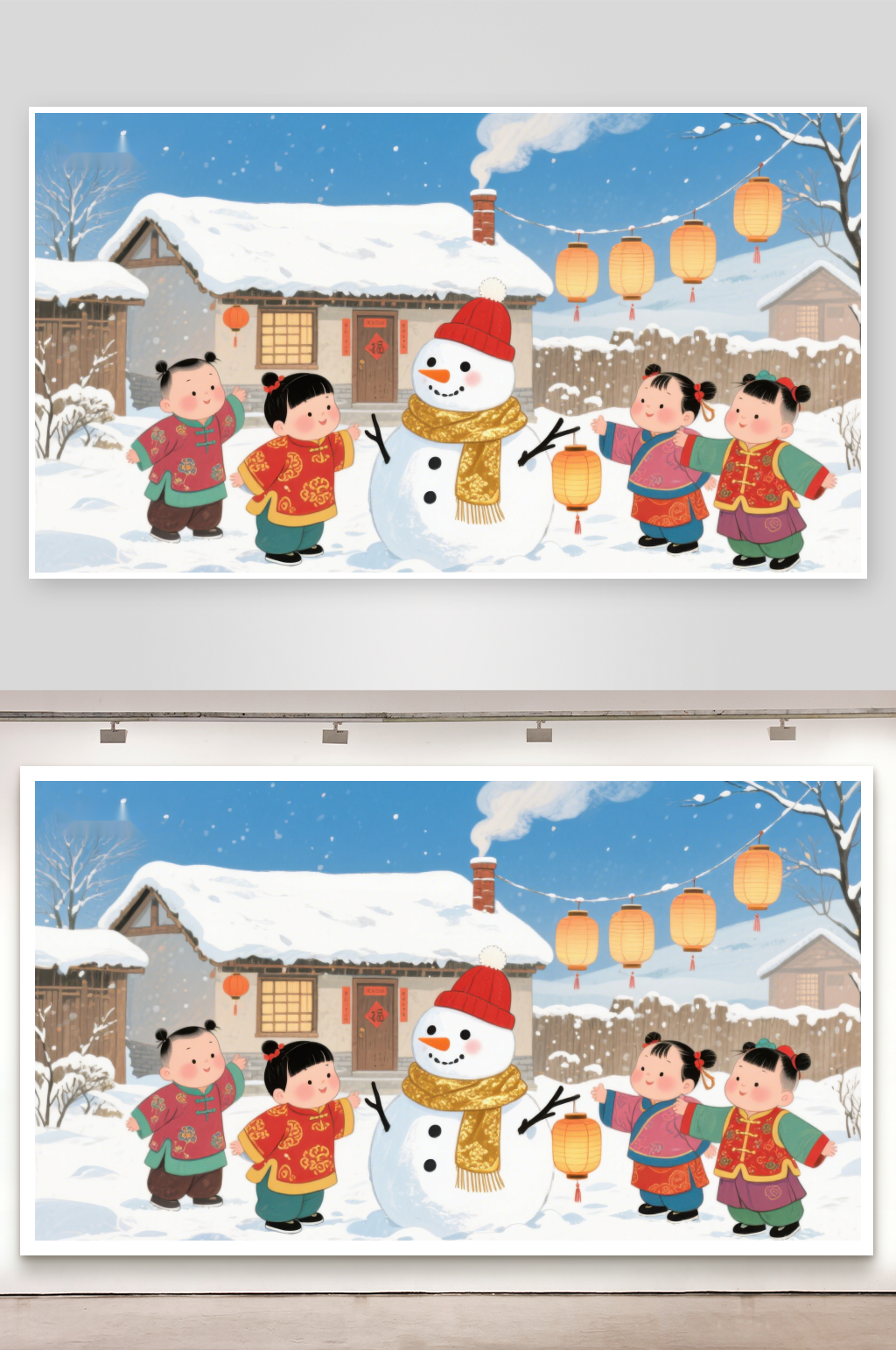 冬日雪景中孩子们与雪人欢庆素材
