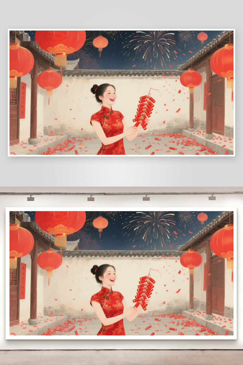 女子手持鞭炮庭院庆祝节日素材