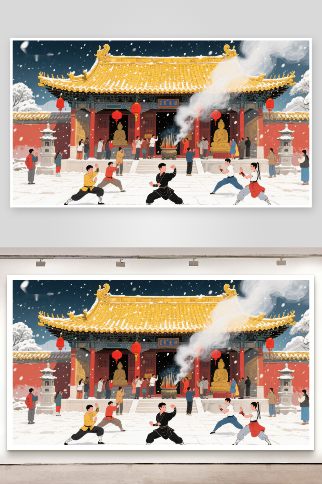 雪中寺庙前的武术表演素材