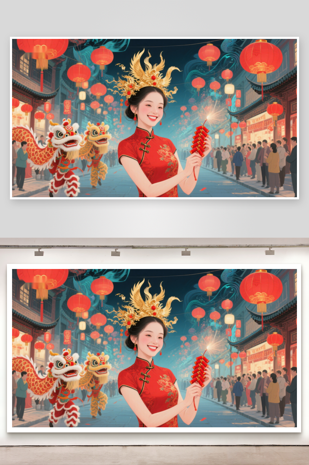 欢庆春节舞狮与烟花共映素材