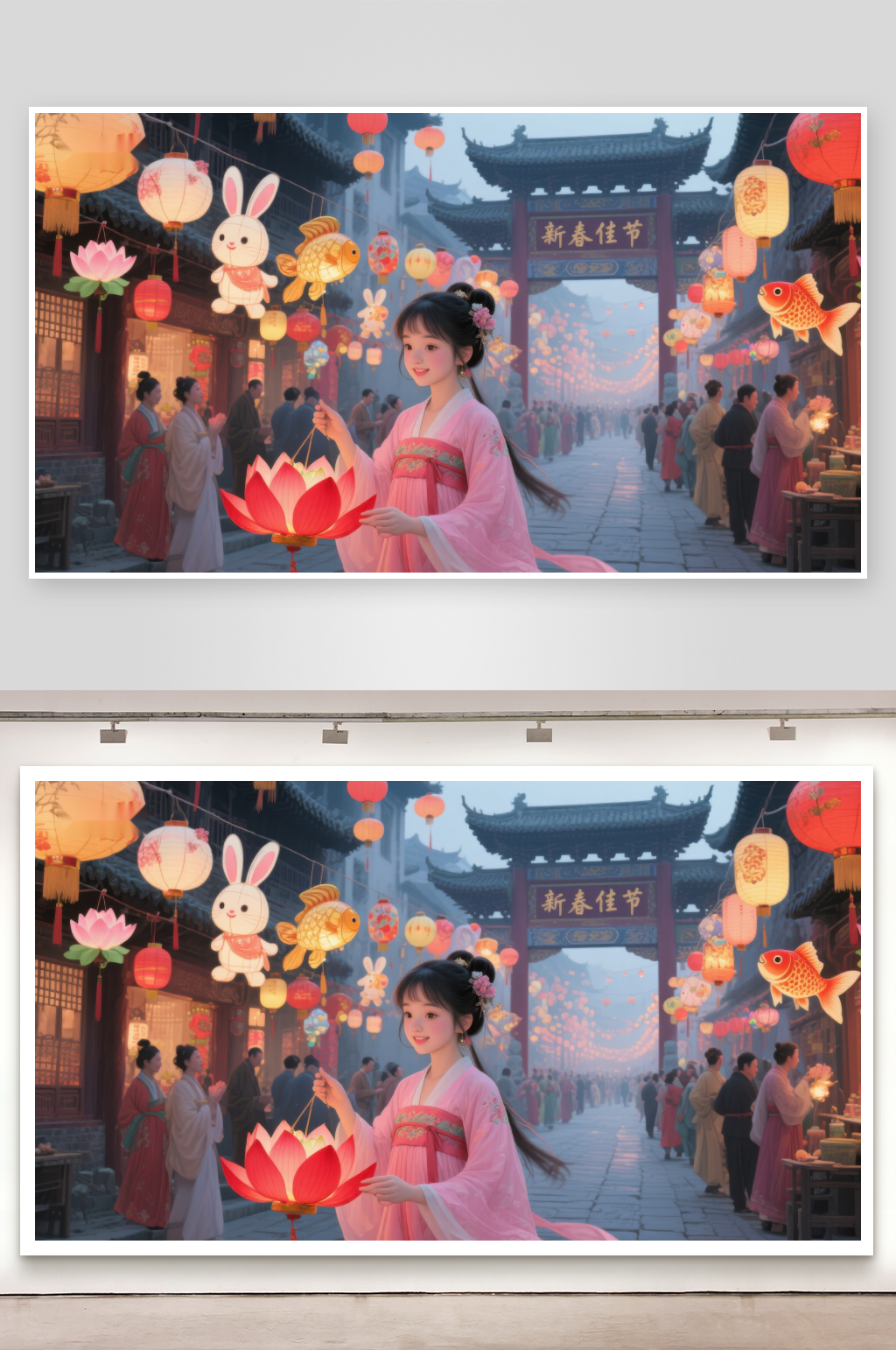 古风女子手持莲花灯夜市灯火辉煌素材