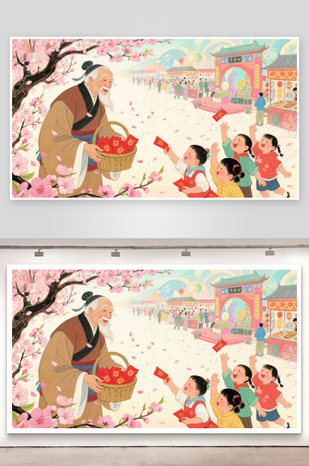 老人分发红包孩童欢庆节日素材