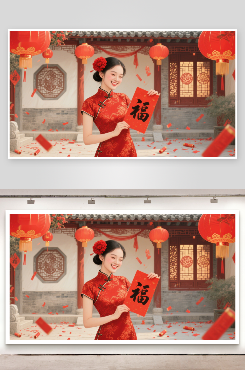 女子身着红衣手持福字庆祝节日素材