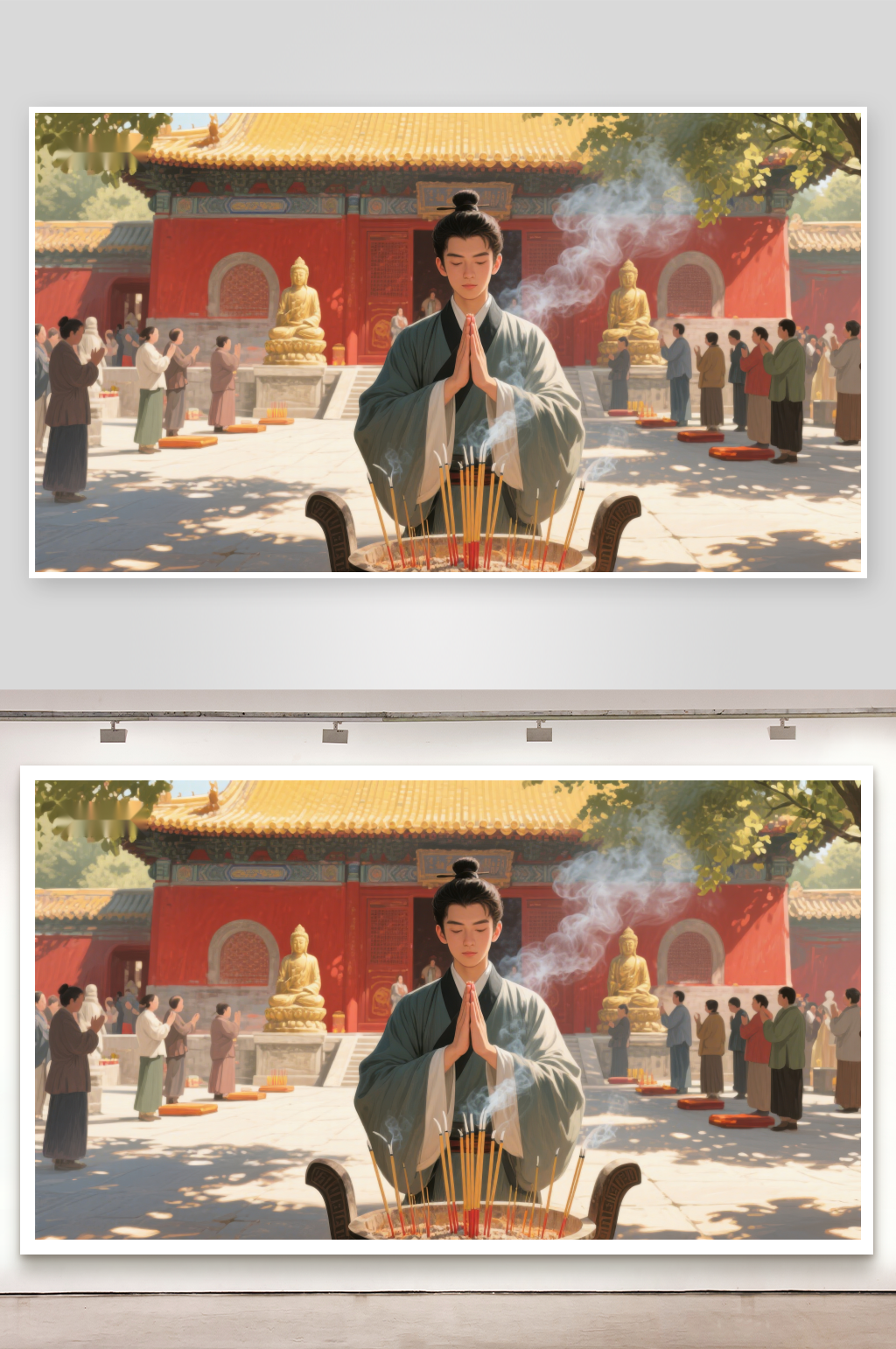 古装人物在寺庙前焚香祈福素材