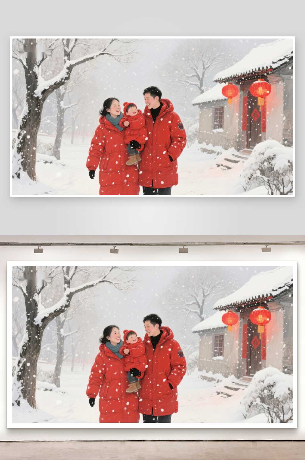 雪中一家三口温馨漫步素材