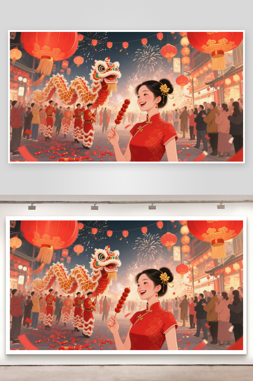 欢庆春节舞龙表演与烟花绽放素材