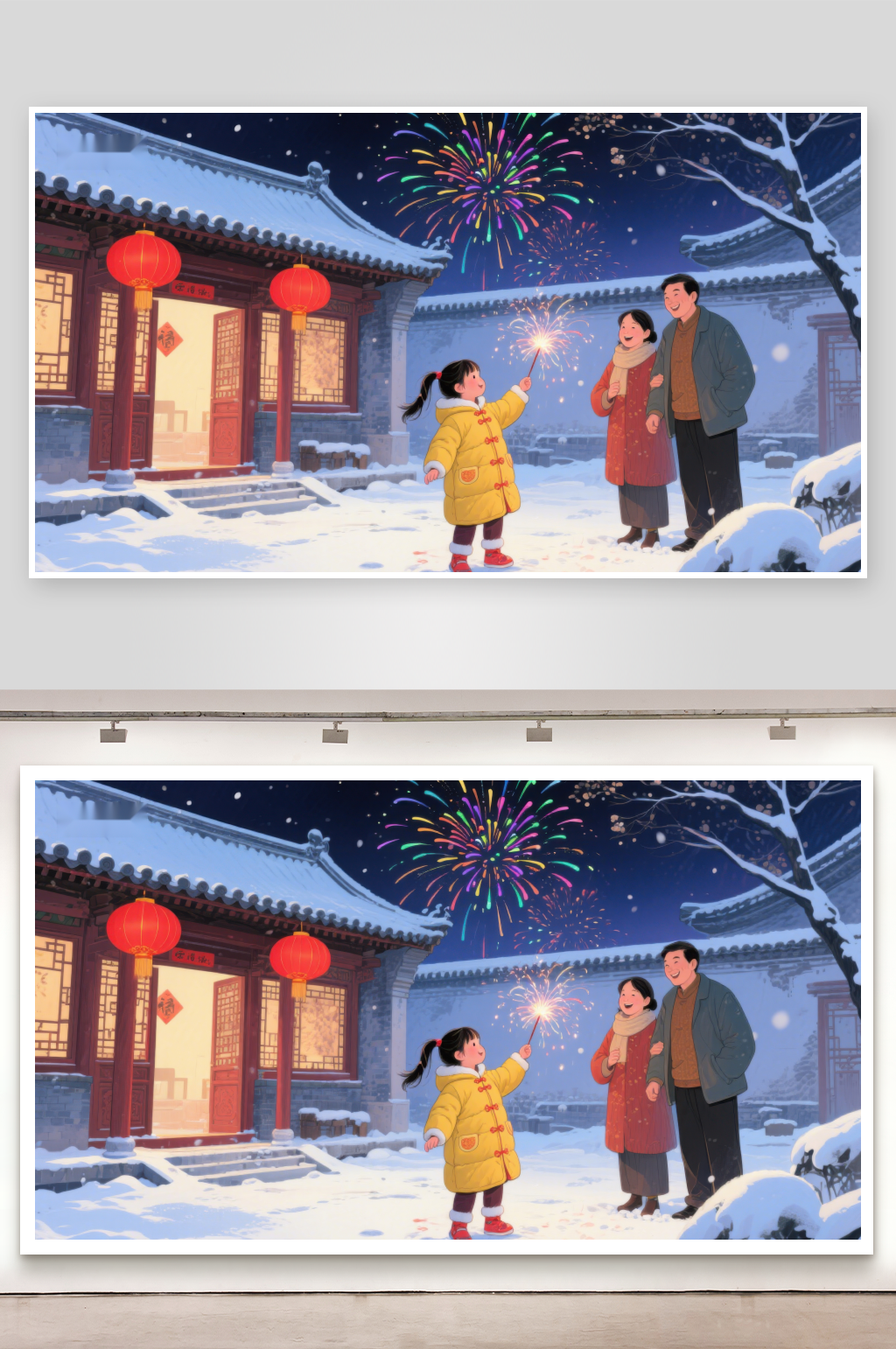 冬夜烟花下的温馨家庭时光素材