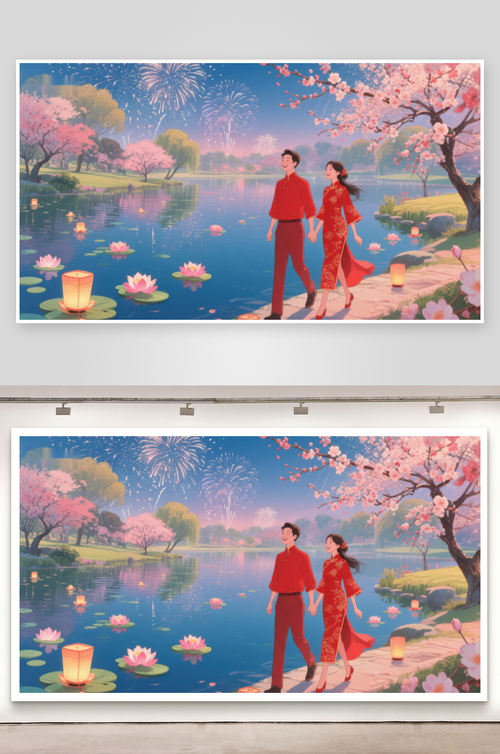 湖畔夜景中漫步的情侣素材