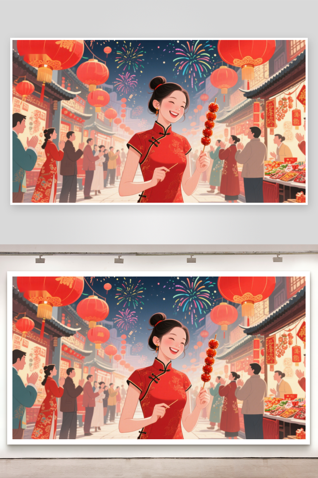 热闹春节夜市女子手持糖葫芦素材