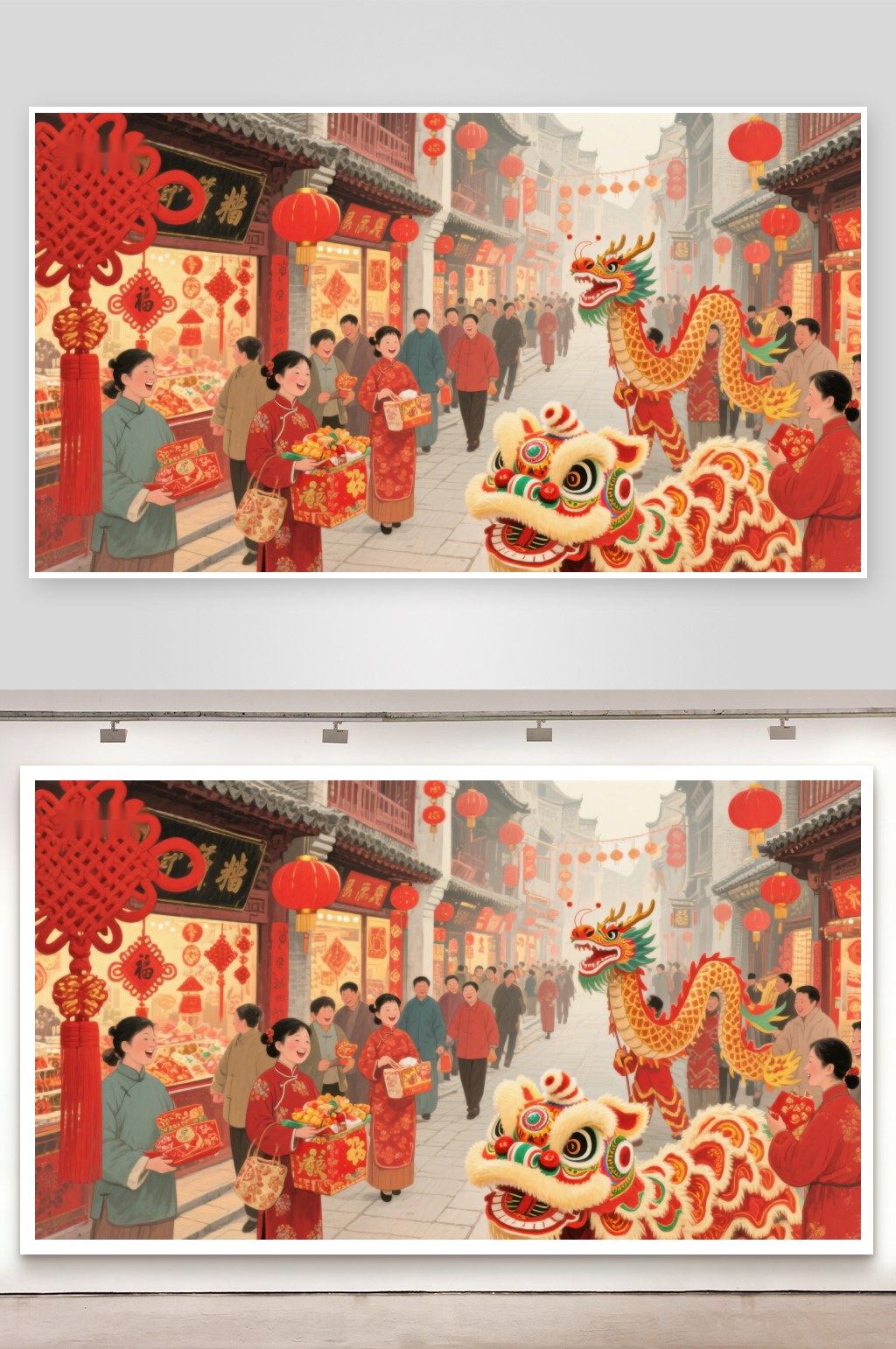 热闹春节街景与舞龙舞狮素材