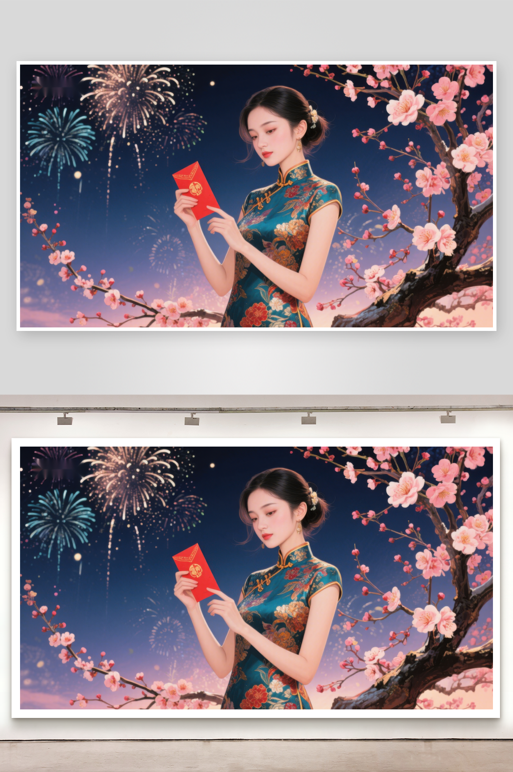 女子手持红包烟花与樱花相伴素材