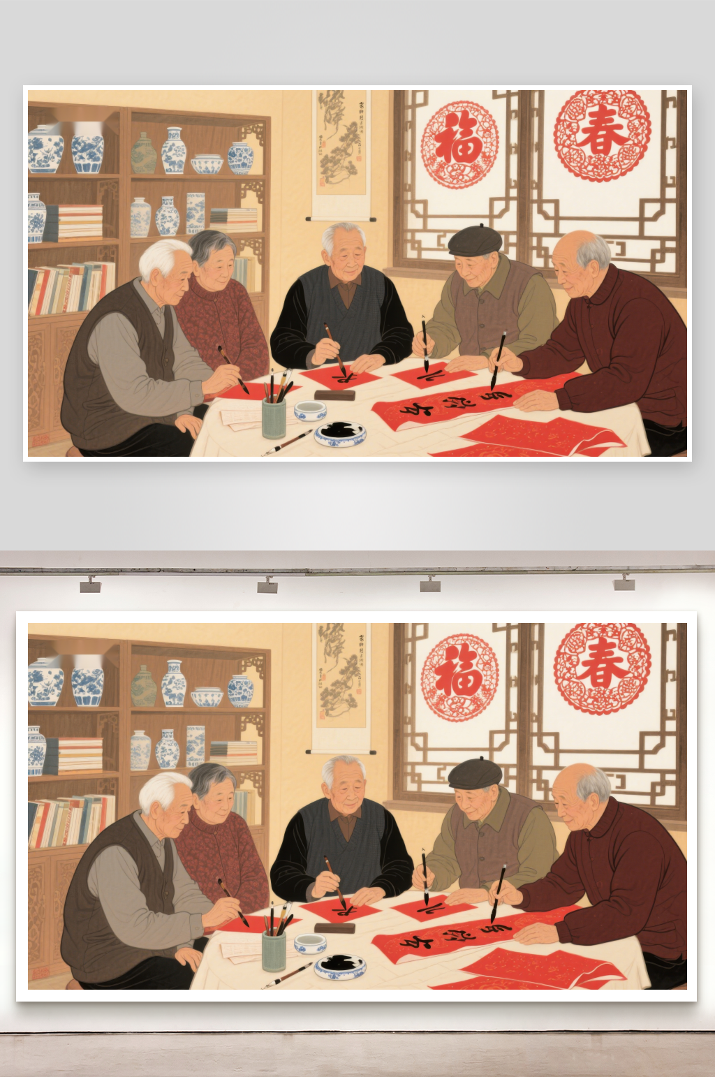 老者围桌书写春联迎新春素材