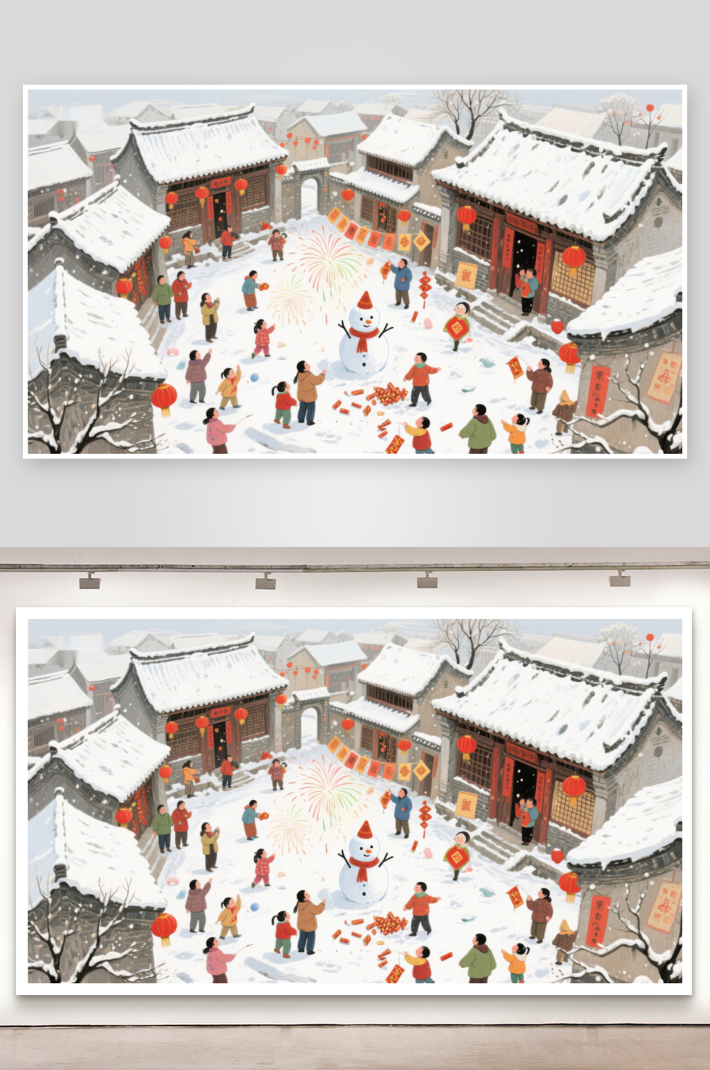 雪中欢庆传统村落的节日景象素材