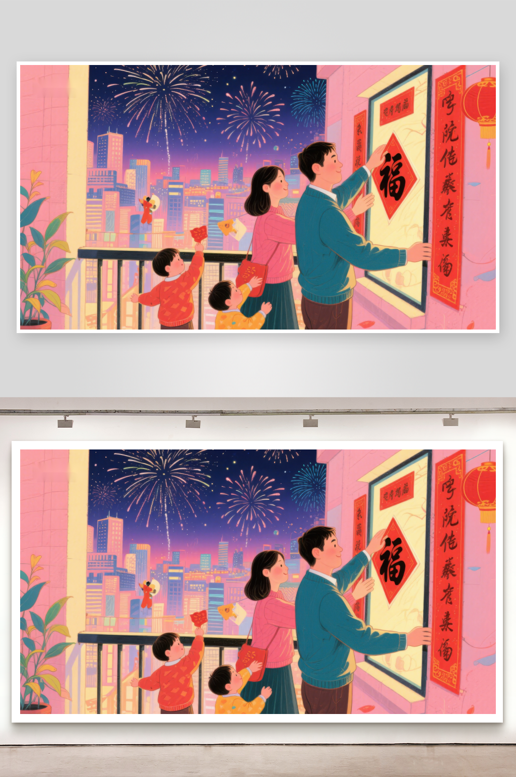 家庭欢庆春节贴福字迎新年素材
