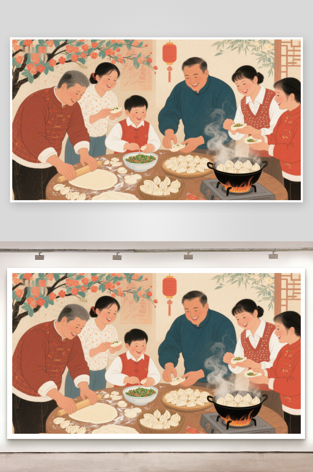 家庭围桌包饺子温馨节日氛围素材
