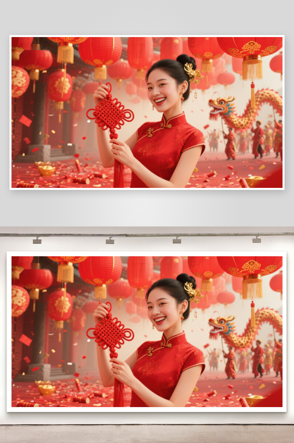 女子身着红裙手持中国结庆祝节日素材
