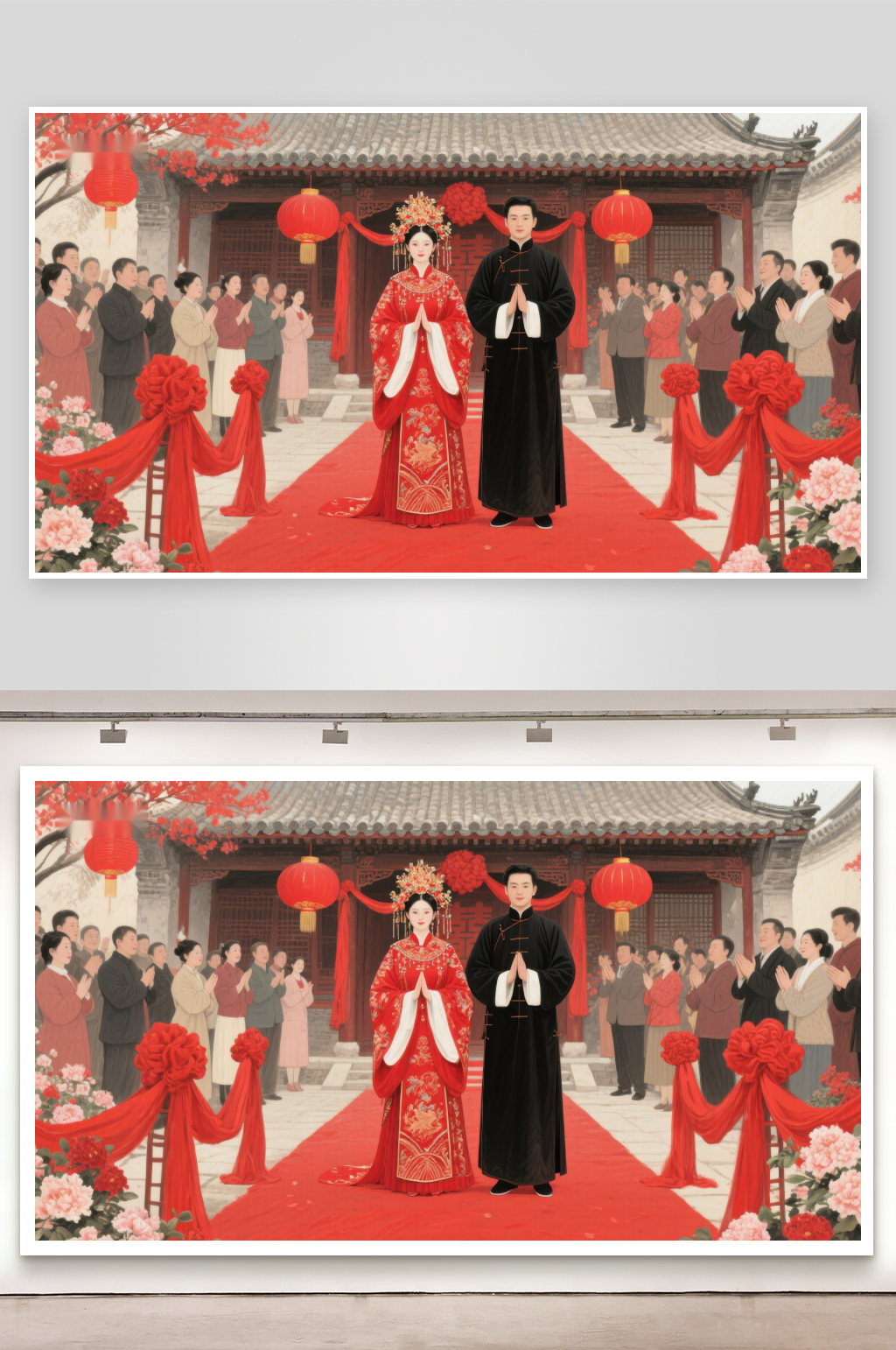 传统婚礼现场新人身着华丽礼服素材