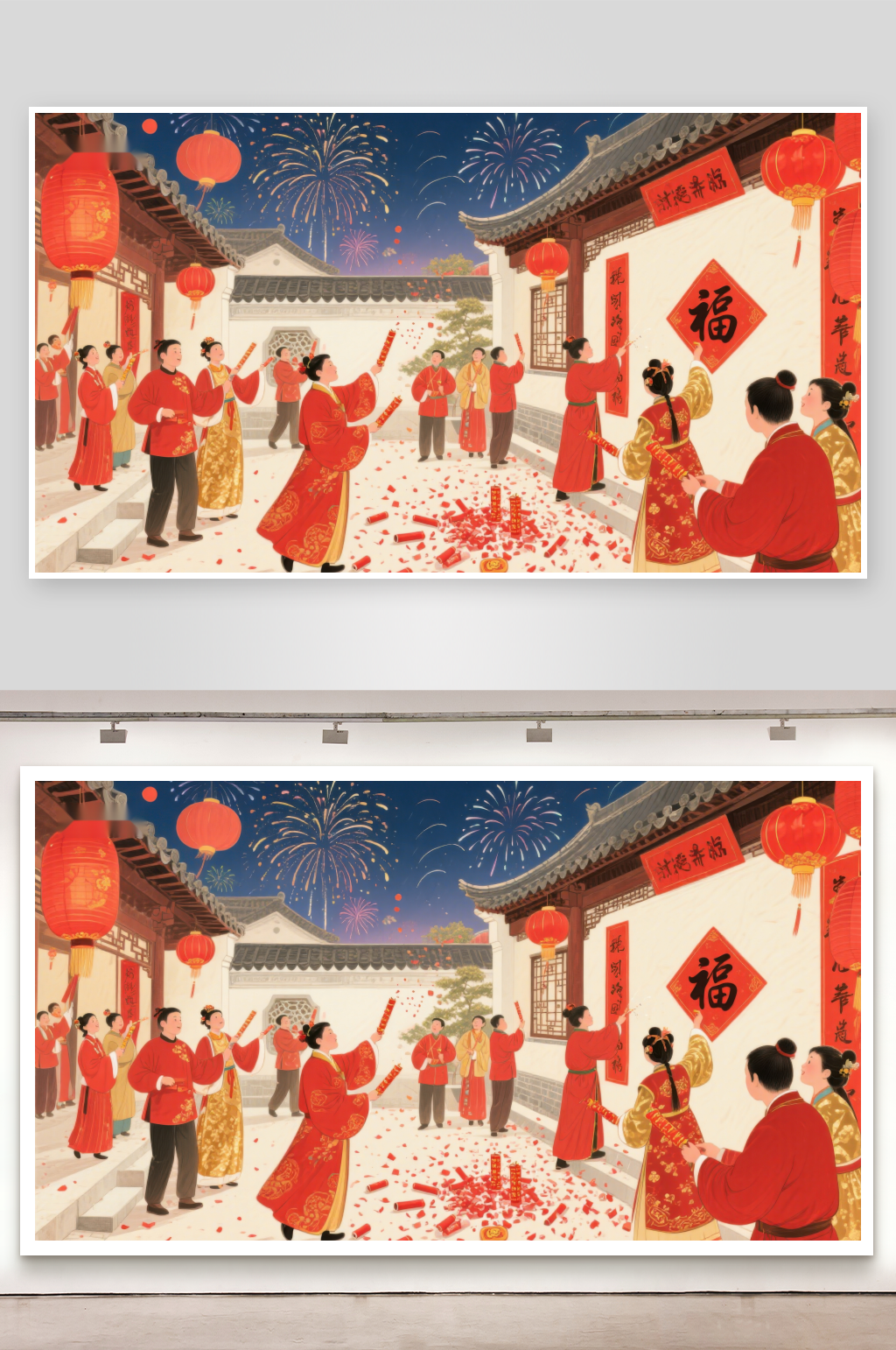 欢庆春节传统服饰与烟花共舞素材