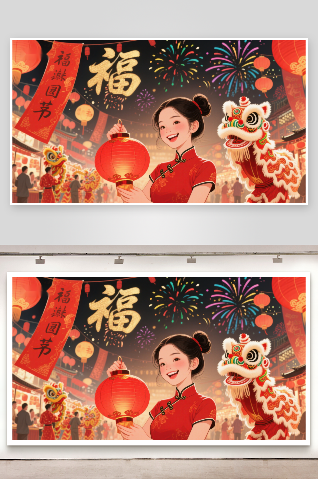 欢庆春节舞狮灯笼映夜空素材