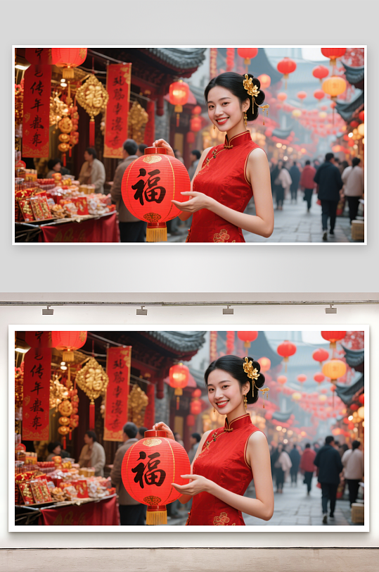 女子身着红裙手持灯笼庆祝节日-众图网