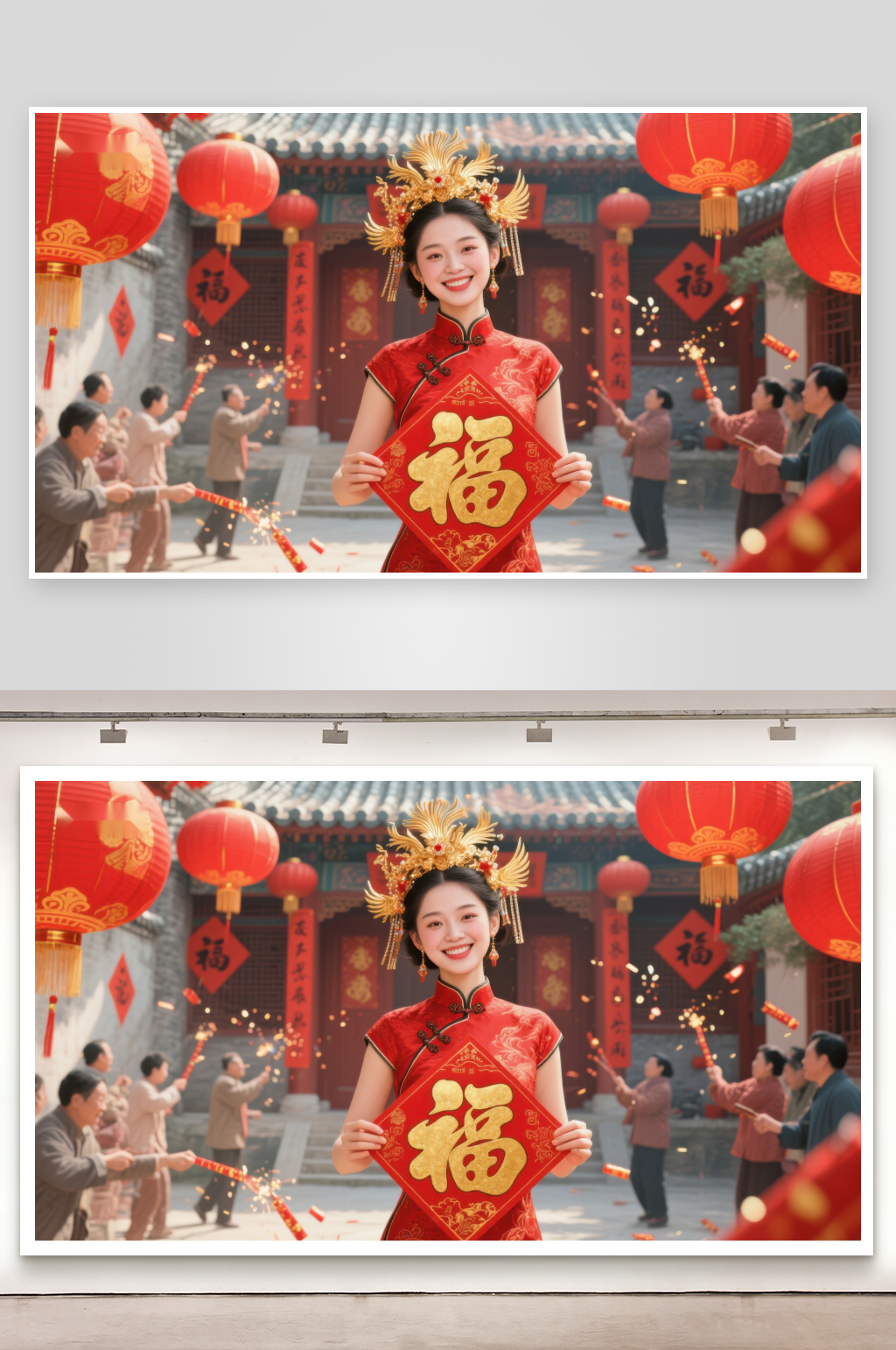 传统服饰女子手持福字庆祝节日素材