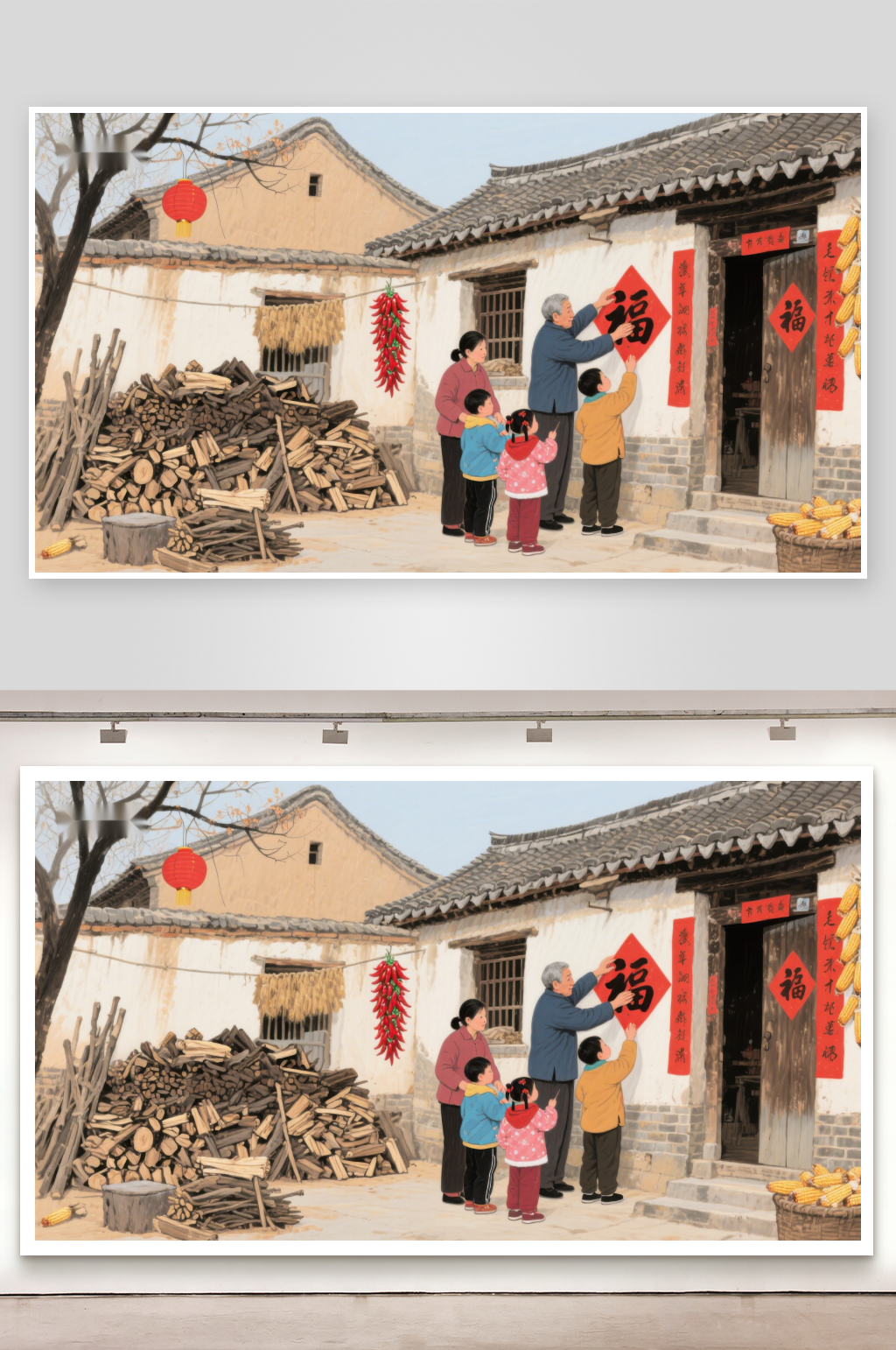 家庭贴春联喜迎新春素材
