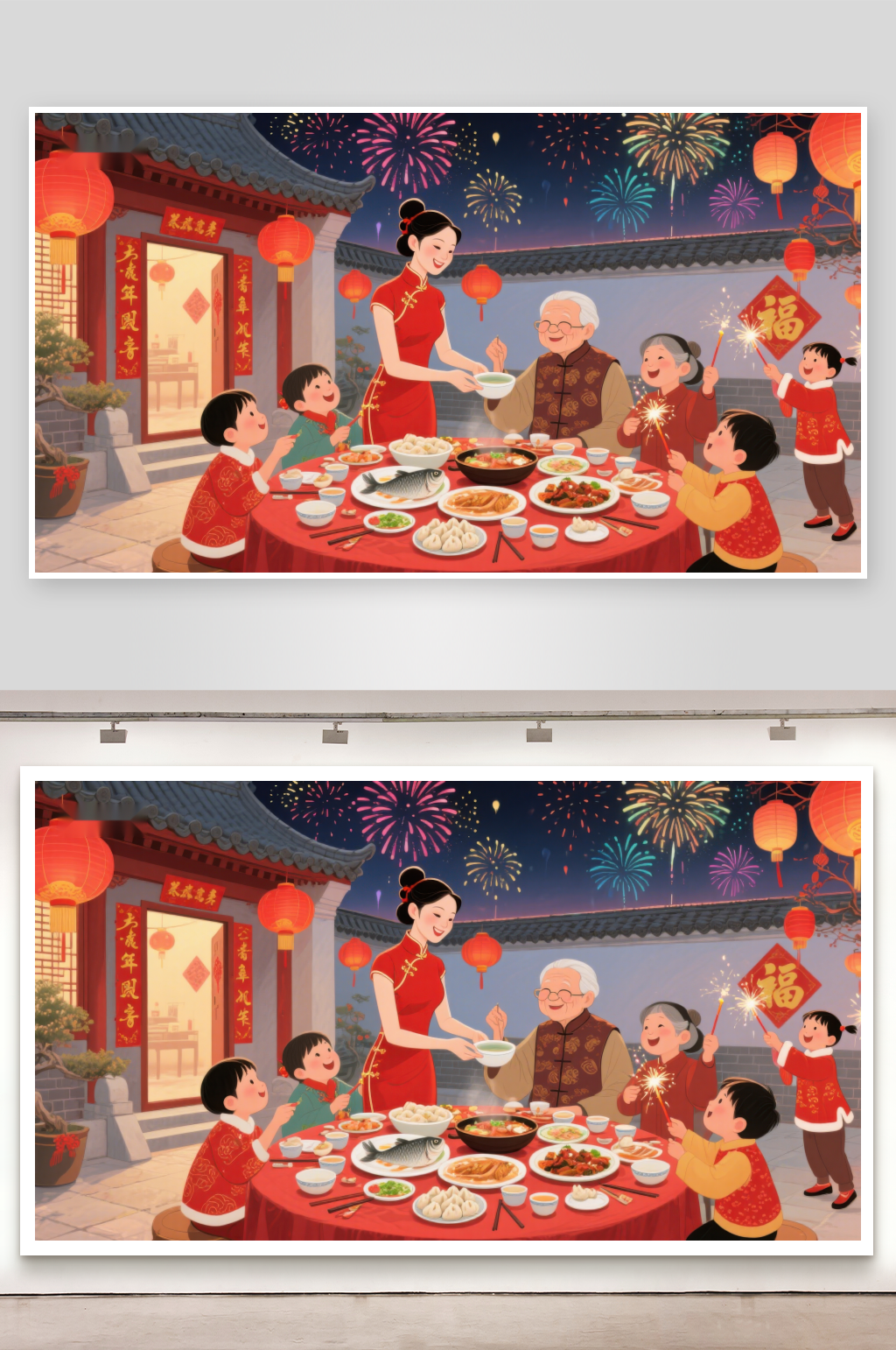 家庭共聚年夜饭烟花绽放迎新春素材